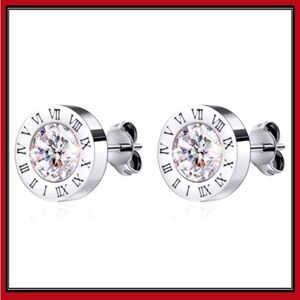 New steel silver simulated diamond Roman numeral clock punk stud unisex earrings